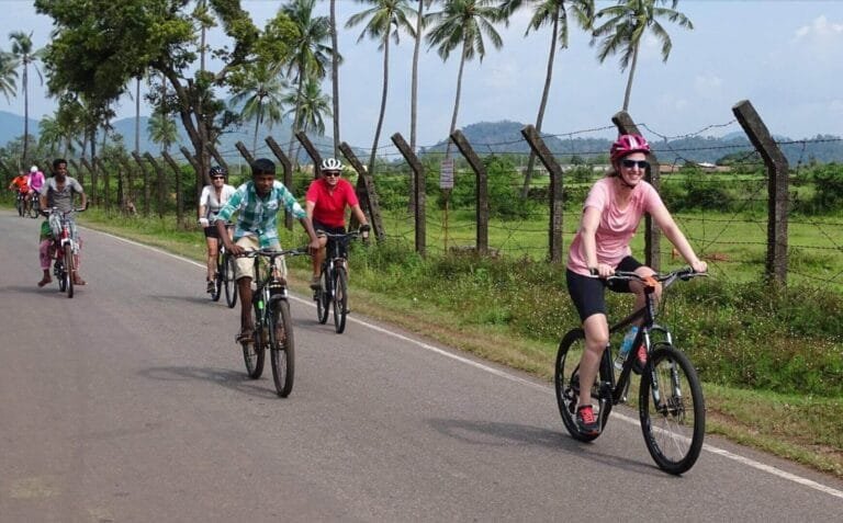 A group of people cycling on a rural road lined with palm trees and a wire fence on a sunny day.
